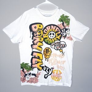 Y2K Born Fly Graffiti All Over Print Embroidered T-Shirt Streetwear - Large